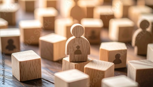 Wooden figures and cubes on a table, with the central figure standing on a pedestal of cubes. Focus on leadership or community theme