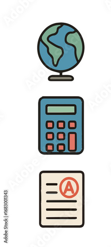 Education flat icons: globe, calculator, A-grade paper.