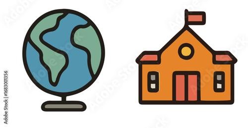 Playful doodle icons of school building and globe.