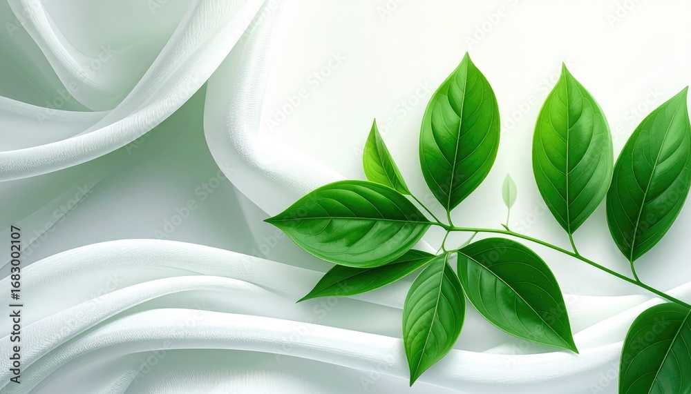 Fototapeta premium Green branch with leaves gently resting against a flowing white fabric background, creating a soft, delicate composition