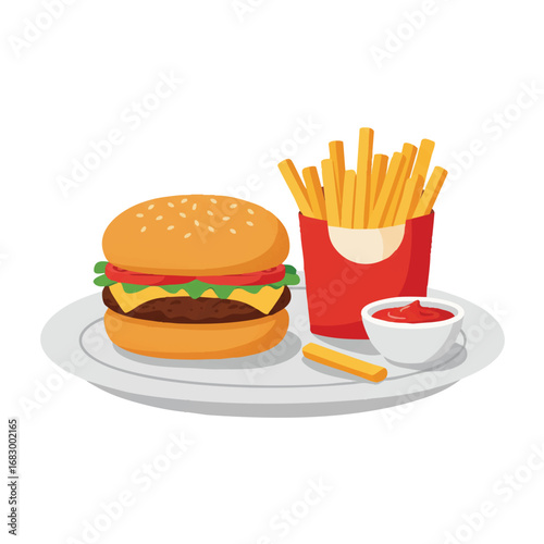 A delightful 2D flat vector illustration showcases a gourmet burger, crispy golden french fries, and red ketchup neatly arranged on a clean white plate against a white background.