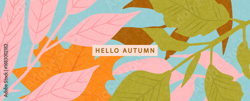 Artistic autumn web banner featuring abstract foliage in a modern, textured style. The unconventional color palette of pink, blue and orange makes it perfect for a trendy seasonal website header or