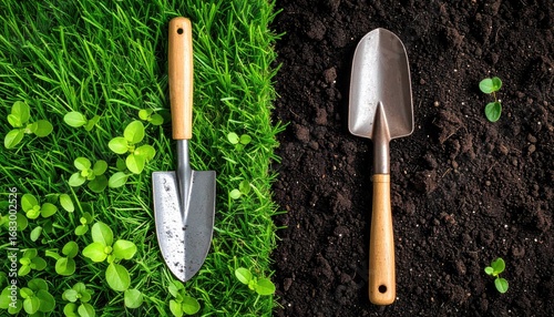 Divided image a trowel on green grass with sprouts & on dark soil with small plants. Close-up, earthy tones, symbolizing growth and gardening work