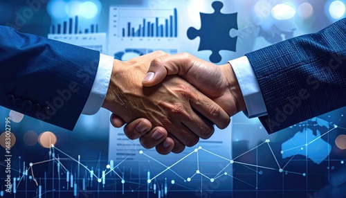 A handshake symbolizes a business deal in front of graphs, charts, a puzzle piece, and a world map, bathed in a blue, digital glow