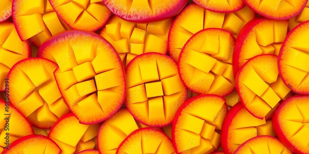 Fototapeta premium Vibrant mango slices seamlessly arranged in a repeating pattern, delicious, geometric