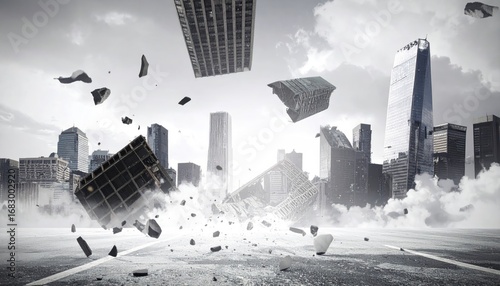 A city collapses with debris and dust filling the air. The sky is cloudy, adding drama to the urban destruction. A road cracks under pressure