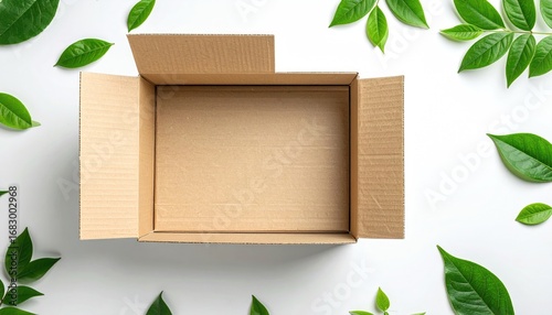 Aerial view of an open brown cardboard box on white surface surrounded by fresh, green leaves. Concept for nature, packing and eco-friendly themes
