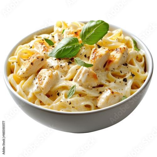 Creamy alfredo pasta with grilled chicken and fresh basil served in a white bowl a delicious and comforting Italian meal perfect for dinner or lunch on transparent background