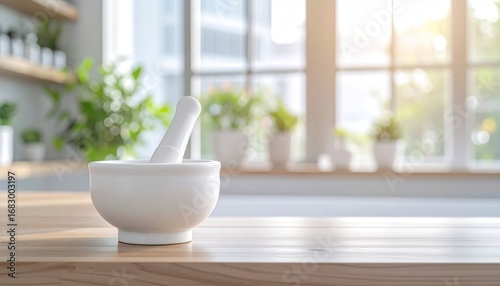 Mortar and pestle on light wood surface with blurred greenery and light-filled window backdrop create bright, natural, serene kitchen scene
