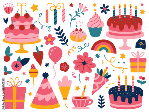Whimsical birthday party illustration with festive elements