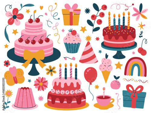 Whimsical birthday party celebration illustration with festive elements