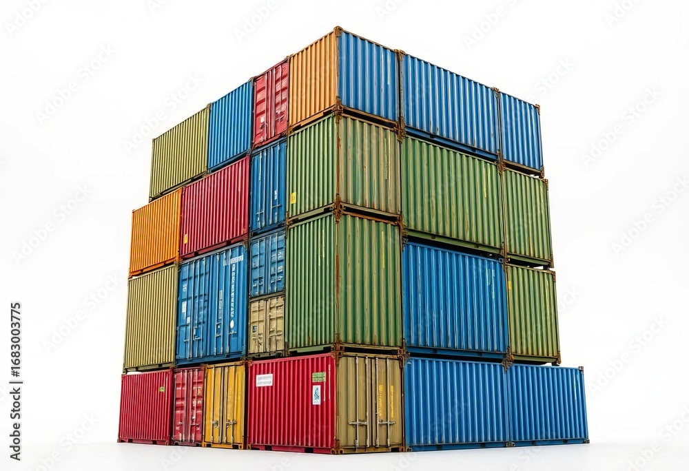 Fototapeta premium Vibrant metal cargo container tower in studio setting, design, transportation