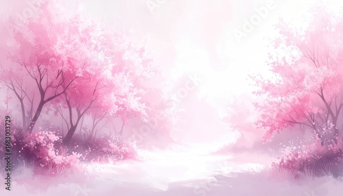 Dreamy vista of pink-blossomed trees lining a path, rendered in soft, watercolor style. Gentle light bathes the scene, creating a serene, idyllic mood