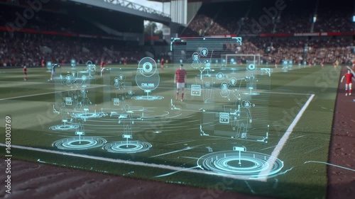 Corner kick setup with floating 3D holographic icons of tactical analysis in the foreground