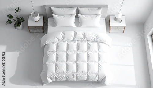 Aerial view of a bright bedroom featuring a well-made white bed, bedside tables, and pendant lamps, showcasing a clean and modern aesthetic