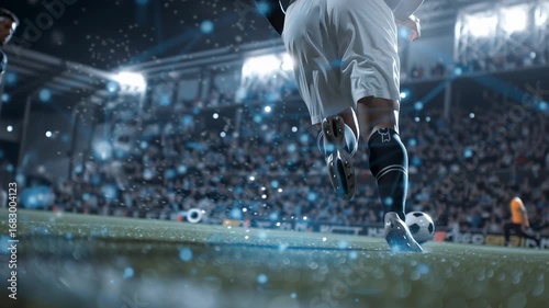 Dynamic soccer field moment with digital network icons overlaying the action in the foreground