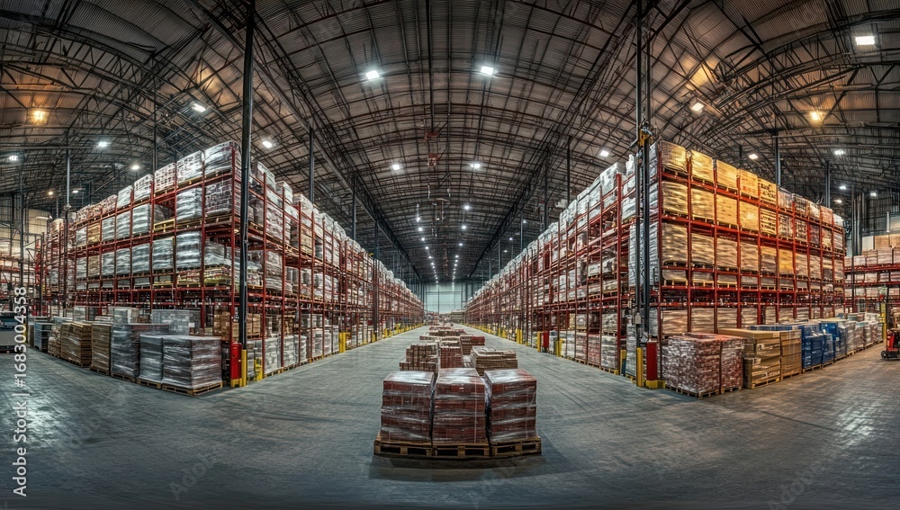 Fototapeta premium Sleek warehouse interior with high ceilings shelves pallets space.