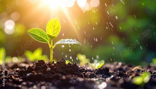 A small sprout grows from dark soil, bathed in golden sunlight. Water droplets fall, creating a soft, shimmering effect. Bokeh light in the background