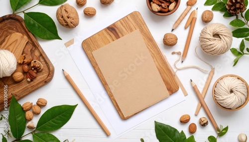 Overhead view of rustic elements wooden boards, paper, string, pencils, nuts, and greenery arranged on a white surface, suggesting a natural and creative theme