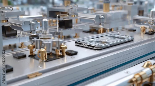 The Assembly Line's Precision: A detailed depiction of a modern assembly line, showcasing a streamlined mobile phone frame undergoing a series of precise automated processes.