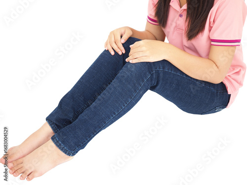 Woman having knee ache and muscle pain due to sitting for a long time knee or patellofemoral pain syndrome, Medical concept.