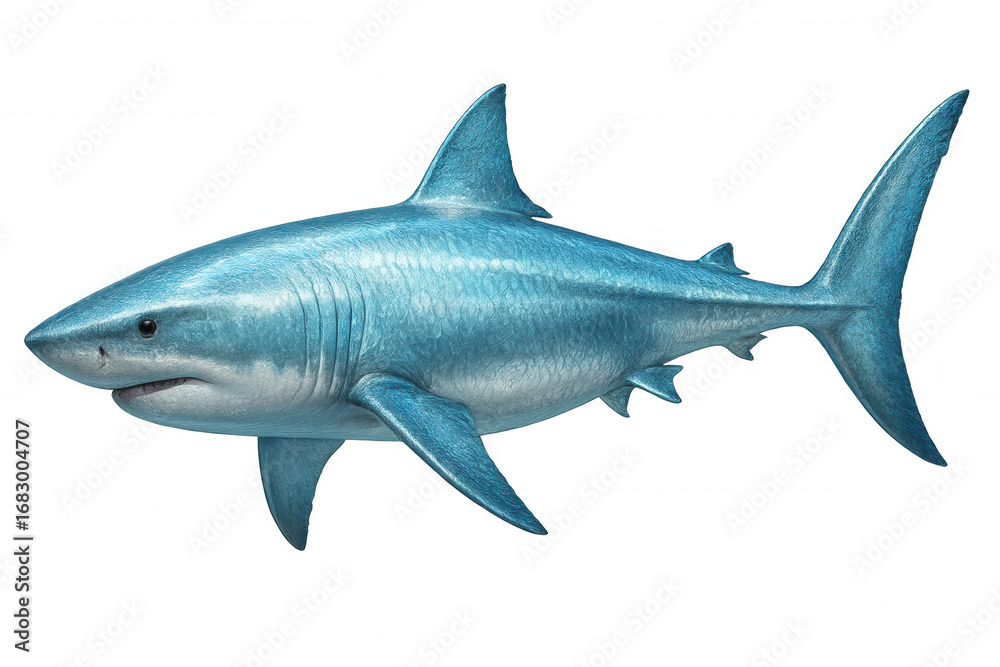 Obraz premium Powerful great white shark gliding underwater, revealing sleek muscular body against clear luminescent backdrop