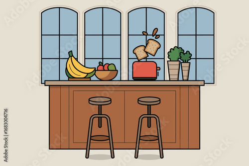 A cartoon kitchen scene with a breakfast bar, stools, fruit, toaster, and plants in front of windows