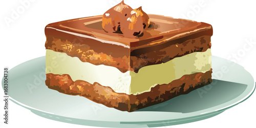 Elegant chocolate square with cream layers and nuts, promoting mindfulness and appreciation for dessert artistry.
