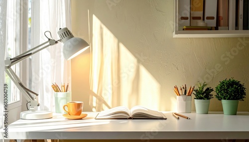 Bright, sunlit desk featuring an open book, lamp, pencils, and plants on a white surface against a cream-colored wall with sheer curtains and a shelf