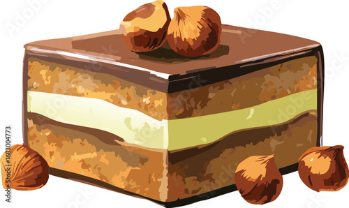 Vector illustration of layered chocolate dessert with hazelnuts, teaching children about food design and culinary creativity.

