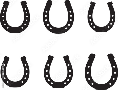 Six black horseshoe silhouettes with nail holes arranged in two rows