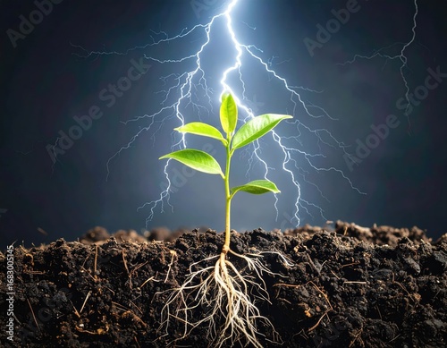 A small plant sprout, roots visible, in dark soil under dramatic lightning flashes against a dark sky