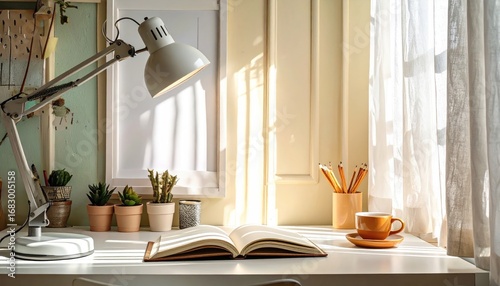 Bright workspace with open book, lamp, succulents, and coffee cup bathed in sunny, morning light near window with sheer curtains