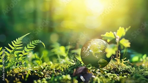 Eco-Friendly Glass Globe on Mossy Forest Floor – Earth Day and Environmental Conservation Concept