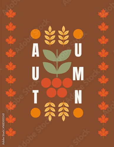Simple autumn poster. Rowan berry bunch, geometric fall leaves on dark background. Harvest festival poster. Vertical banner, cover, card for autumn holiday