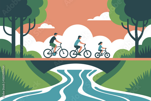 A family riding bicycles over a bridge with a river flowing underneath in a stylized illustration