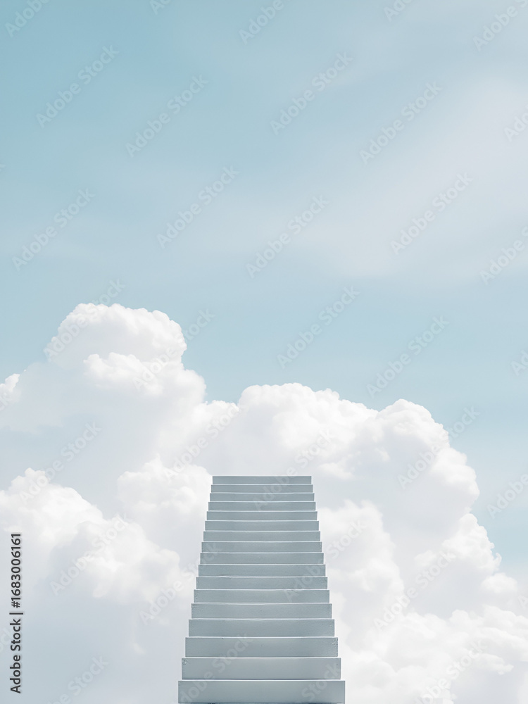Fototapeta premium A light gray stairway floats amidst fluffy white clouds against a light blue sky