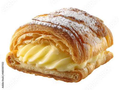 Wallpaper Mural Golden Croissant Bliss: A delectable croissant, boasting a flaky, golden crust, is exquisitely sliced and generously filled with a luscious, creamy custard, a true embodiment of culinary delight. Torontodigital.ca