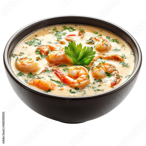 Creamy shrimp soup with fresh herbs served in a dark bowl a delicious and comforting seafood dish perfect for a cozy meal or restaurant menu item on transparent background