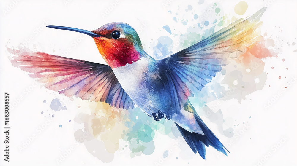 Fototapeta premium Colorful hummingbird flying against a vibrant watercolor background 