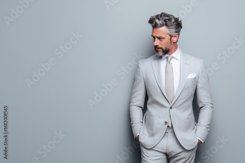 Wallpaper Mural portrait of elegant middle aged man wear classic light grey suit, looks away, copy space Torontodigital.ca