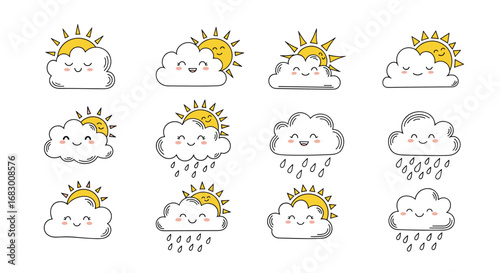 Cute cartoon sun and cloud weather icons bring smiles to any project