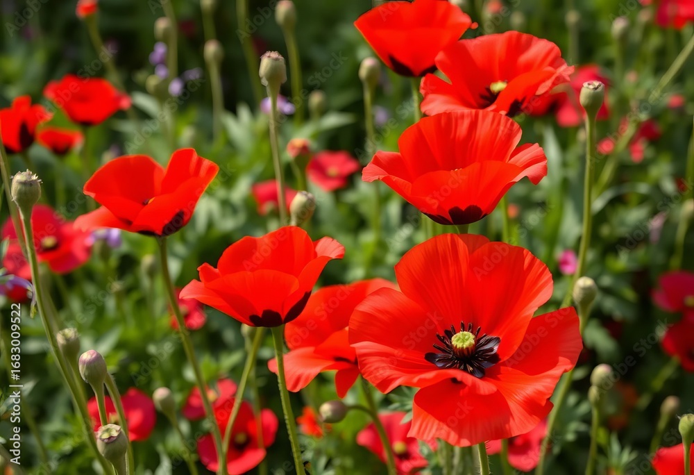Fototapeta premium Vibrant red oriental poppy blossoms in a lush garden, spring, nature