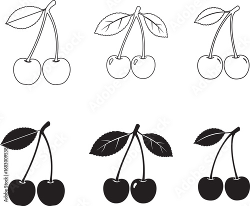 Six hand drawn cherry illustrations showing outline and silhouette variations
