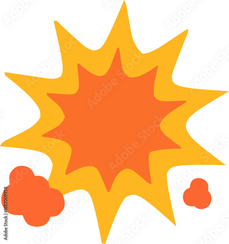Cartoon style explosion burst with orange and yellow star shape plus smoke clouds. Flat design, ideal for comics, animations, and game effects.