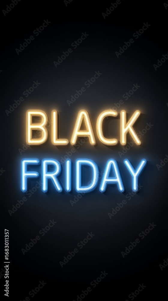 Fototapeta premium Yellow and blue neon lights spell out BLACK FRIDAY against a dark background