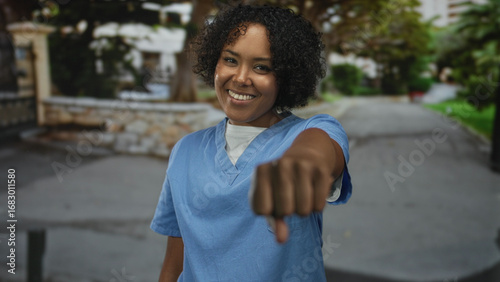 Photography Young african american woman in blue scrubs punches air with fist on street with determined expression; victory