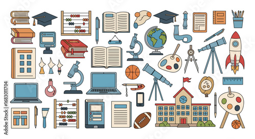 Ignite learning and exploration with this vibrant collection of educational and scientific icons.