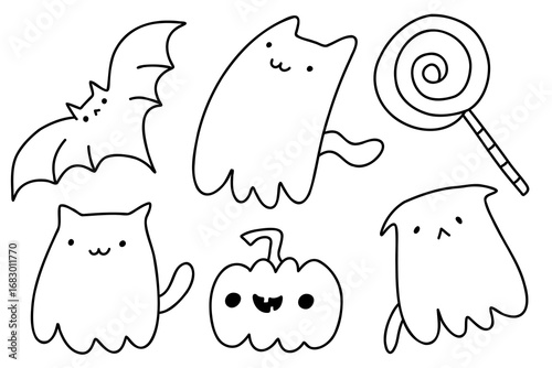 Halloween cat ghost in cute kawaii sketch style. Doodle little ghost, bat, pumpkin, candy. Funny smiling ghosts set, spirit and sweets isolated on white background. Trick or treat stock cartoon image.