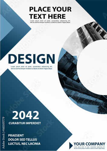 This image is a corporate cover design with a modern, professional look. It features a blue and white color scheme with dynamic geometric shapes. The design includes a partial image of a building and 